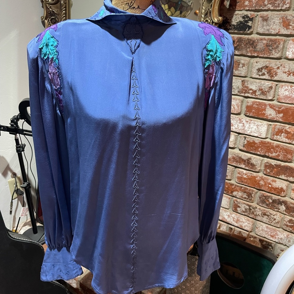 Elegant Blue Women's Top with Embroidered Details